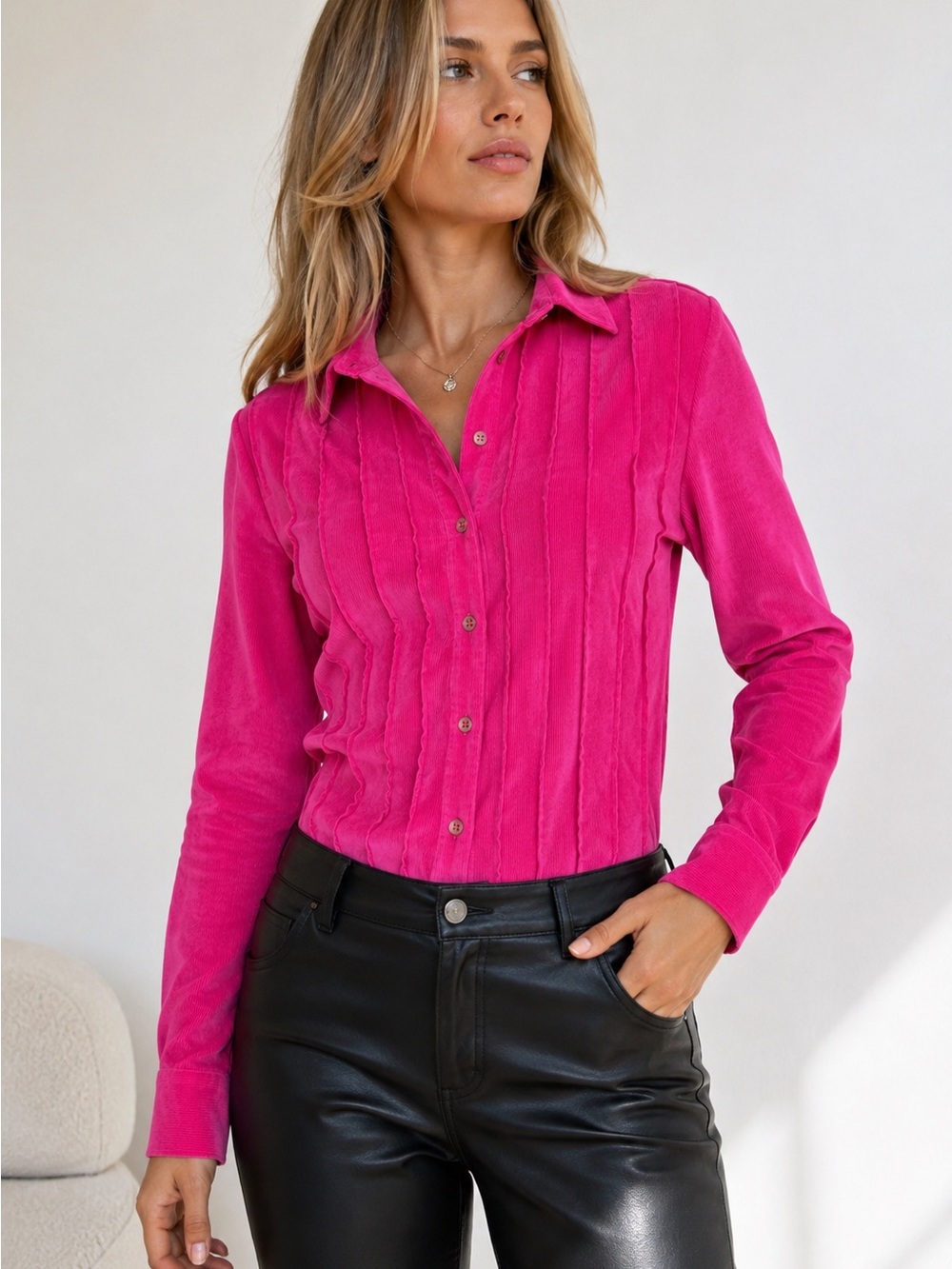 Rebecca Malone Hot Pink Pintuck Button Down Blouse Size 6 Y2K Retro